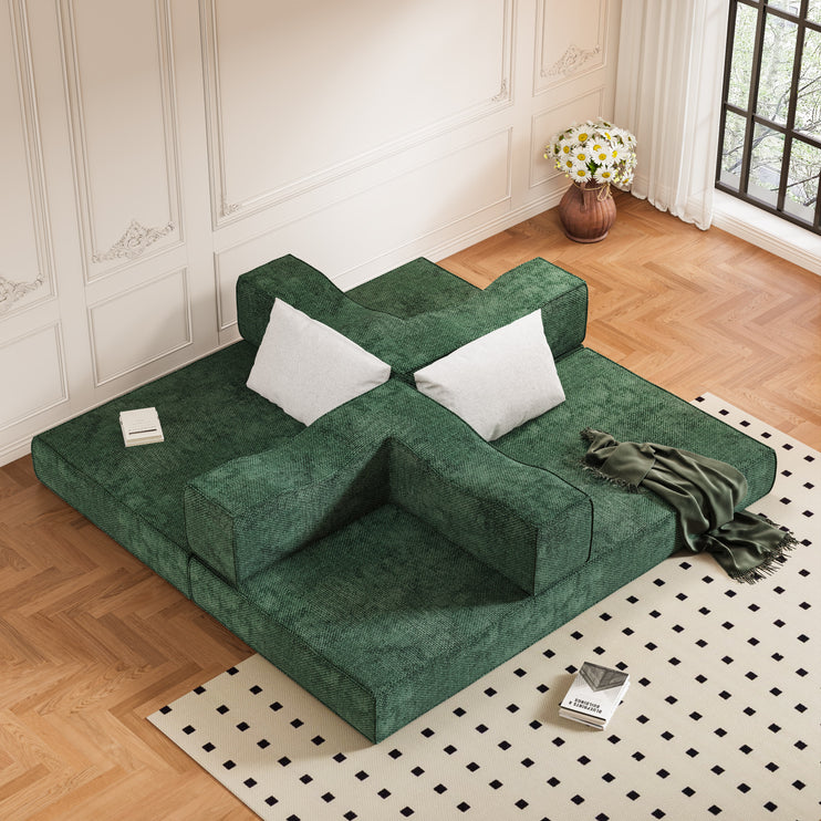 80" Convertible Couch Bed with 2 Pillows, 3-Seat Folding Floor Couch & King Size Bed Mattress, DIY Combination,Chenille,GREEN