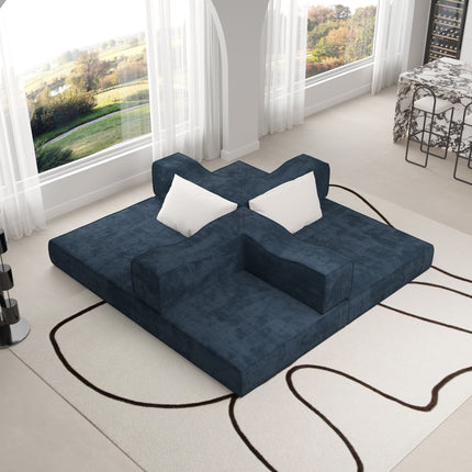 80" Convertible Couch Bed with 2 Pillows, 3-Seat Folding Floor Couch & King Size Bed Mattress, DIY Combination,Chenille,Blue