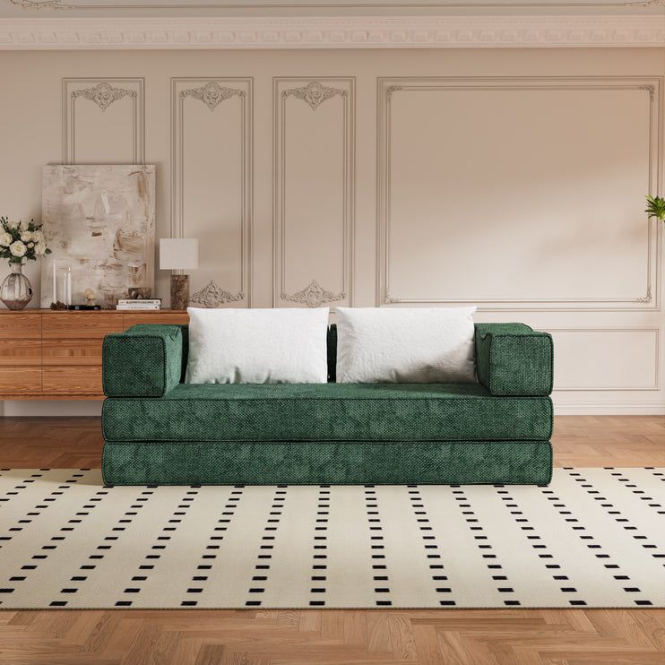 80" Convertible Couch Bed with 2 Pillows, 3-Seat Folding Floor Couch & King Size Bed Mattress, DIY Combination,Chenille,GREEN