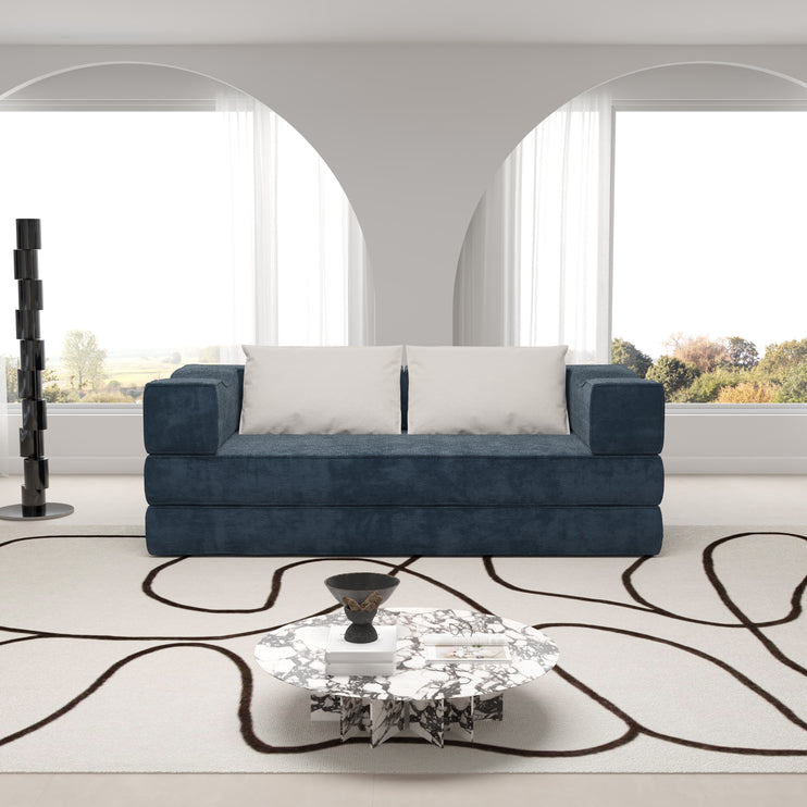 80" Convertible Couch Bed with 2 Pillows, 3-Seat Folding Floor Couch & King Size Bed Mattress, DIY Combination,Chenille,Blue