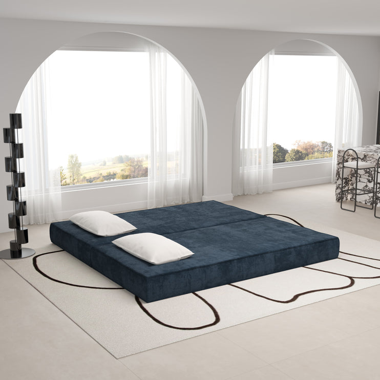 80" Convertible Couch Bed with 2 Pillows, 3-Seat Folding Floor Couch & King Size Bed Mattress, DIY Combination,Chenille,Blue