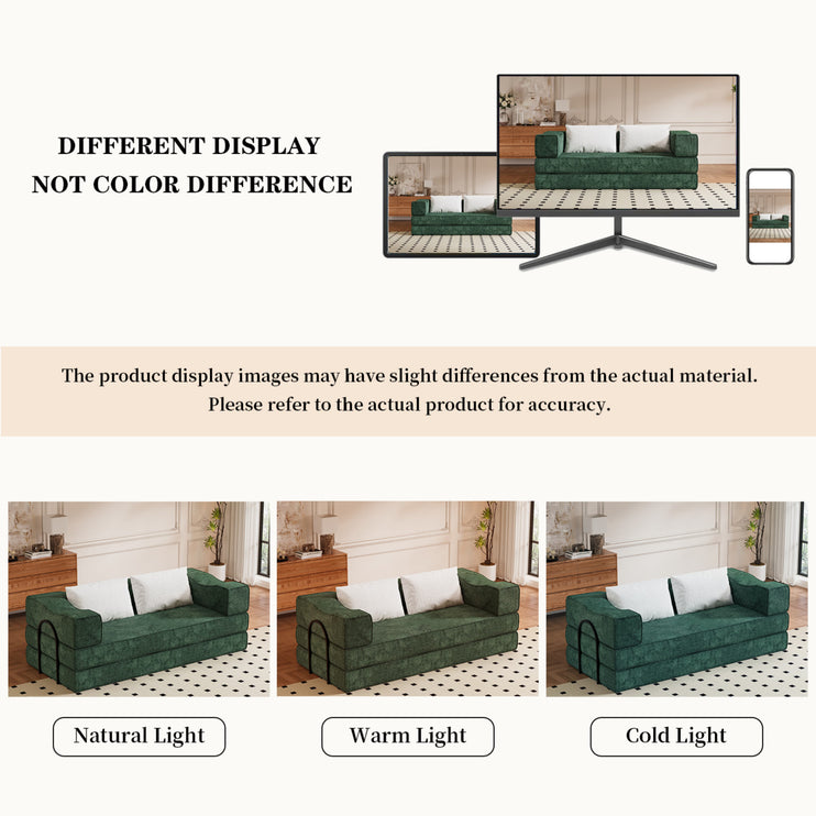 80" Convertible Couch Bed with 2 Pillows, 3-Seat Folding Floor Couch & King Size Bed Mattress, DIY Combination,Chenille,GREEN