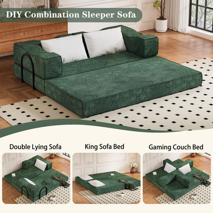 80" Convertible Couch Bed with 2 Pillows, 3-Seat Folding Floor Couch & King Size Bed Mattress, DIY Combination,Chenille,GREEN