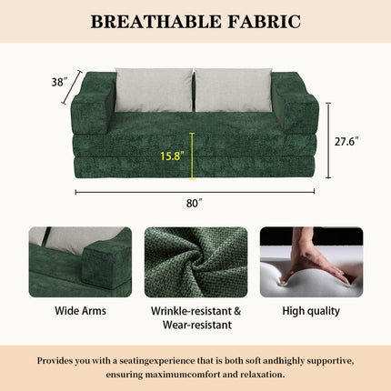 80" Convertible Couch Bed with 2 Pillows, 3-Seat Folding Floor Couch & King Size Bed Mattress, DIY Combination,Chenille,GREEN