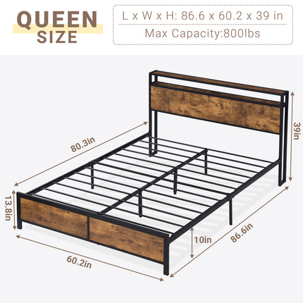 Full/ Queen Bed Frame with Charging Station & RGB LED Light,, Wooden & Metal Bed Frame