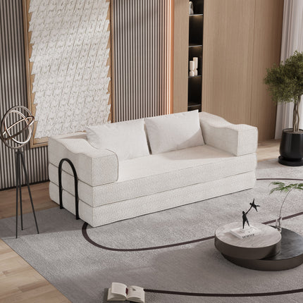 80" Convertible Couch Bed with 2 Pillows, 3-Seat Folding Floor Couch & King Size Bed Mattress, DIY Combination,Chenille,BEIGE/WHITE