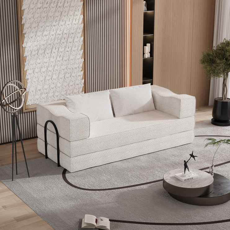 80" Convertible Couch Bed with 2 Pillows, 3-Seat Folding Floor Couch & King Size Bed Mattress, DIY Combination,Chenille,BEIGE/WHITE