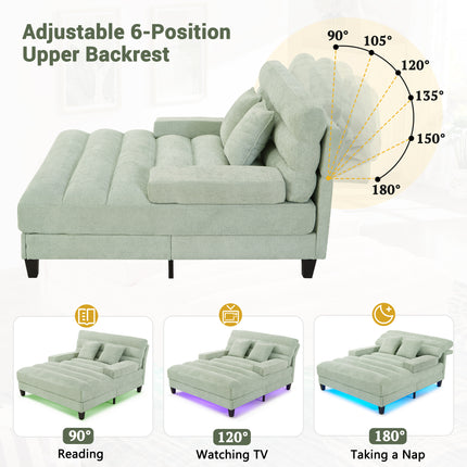 Modern Chaise Lounge Sofa 57.1" Sofa Bed Chenille Upholstered Lounge Sofa Chair with Adjustable Backrest and LED Light Strip for Living Room, Green