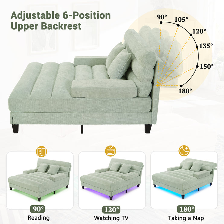 Modern Chaise Lounge Sofa 57.1" Sofa Bed Chenille Upholstered Lounge Sofa Chair with Adjustable Backrest and LED Light Strip for Living Room, Green