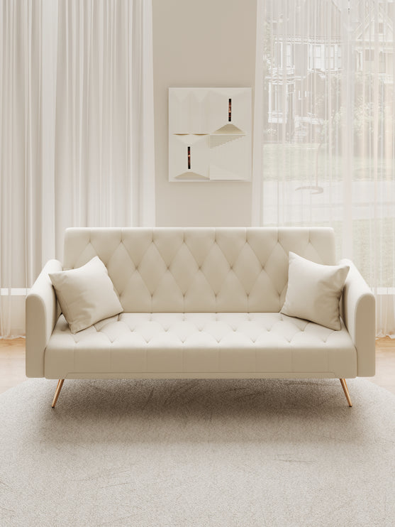 71 inch convertible love seat sofa, American retro beige velvet, suitable for small living room, bedroom, office