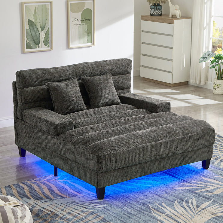 Modern Chaise Lounge Sofa 57.1" Sofa Bed Chenille Upholstered Lounge Sofa Chair with Adjustable Backrest and LED Light Strip for Living Room, Grey