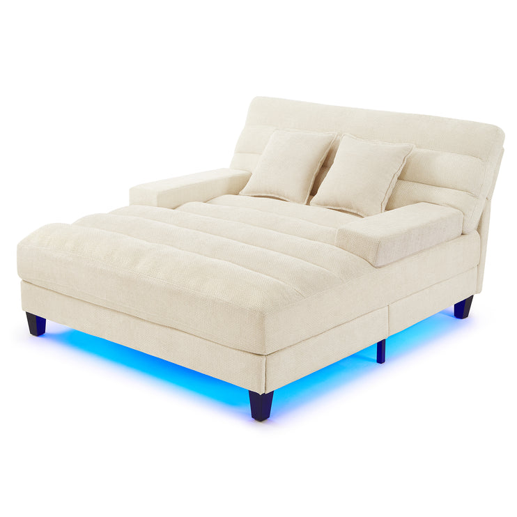 Modern Chaise Lounge Sofa 57.1" Sofa Bed Chenille Upholstered Lounge Sofa Chair with Adjustable Backrest and LED Light Strip for Living Room, Beige