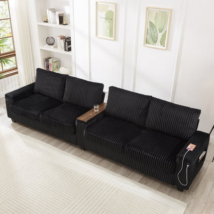 4-seater Corduroy Sofa Couch 133" Modern Sofa with USB Ports, Hidden Storage Arms, Flip-Top Cup Holders for Living Room, Black