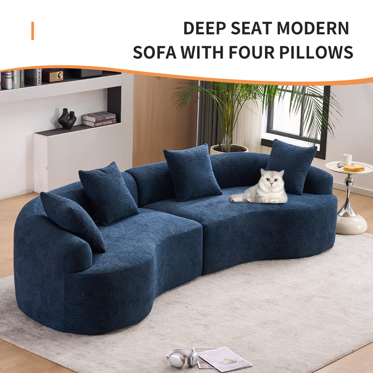 Compression Sponge Sofa Blue Curved Modular Sectional, 30D High-Density Chenille Sleeper Couch for Apartment, Living Room,110"L