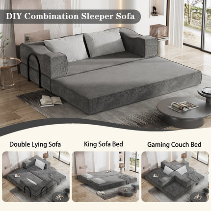 80" Convertible Couch Bed with 2 Pillows, 3-Seat Folding Floor Couch & King Size Bed Mattress, DIY Combination,Chenille,GREY