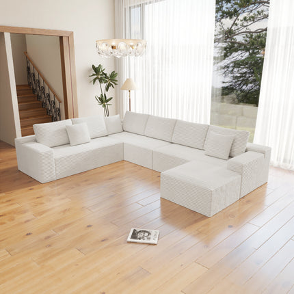 137.8*104.3"Modular sectional sofa seat,Upholstered compressed couch for living room,Bedroom,Apartment,No assembly required,4 PC free combination,Plush corduroy fabric,WHITE