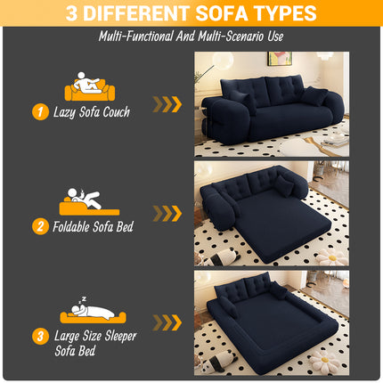Human Dog Bed, Lazy Sofa Couch, 78.7" Multi-Functional Foldable Sofa Bed, 3-in-1 Teddy Fabric Foam-Filled Sleeper Sofa Bed for Living Room,Guest Bed,Playroom,Dark blue