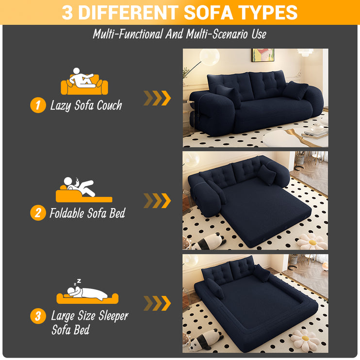 Human Dog Bed, Lazy Sofa Couch, 78.7" Multi-Functional Foldable Sofa Bed, 3-in-1 Teddy Fabric Foam-Filled Sleeper Sofa Bed for Living Room,Guest Bed,Playroom,Dark blue