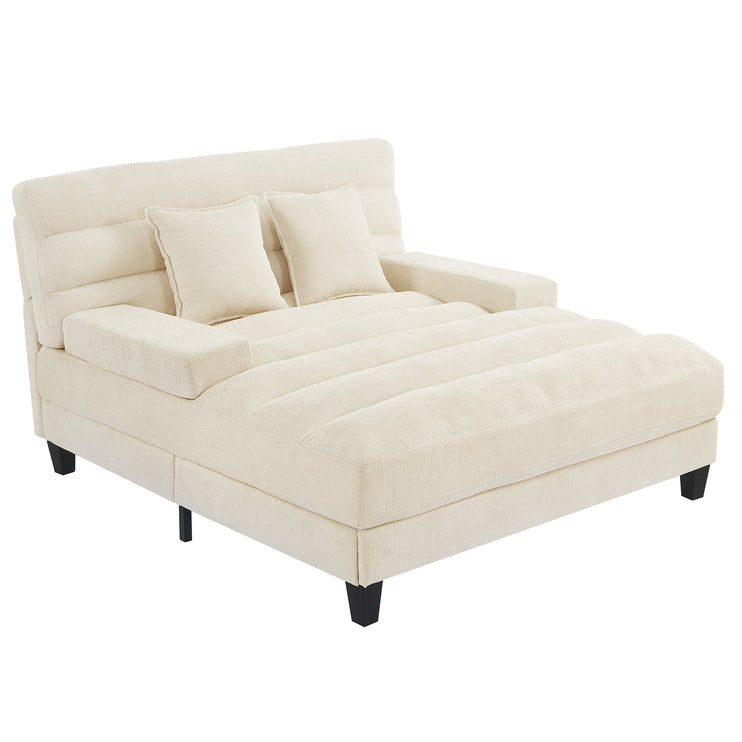 Modern Chaise Lounge Sofa 57.1" Sofa Bed Chenille Upholstered Lounge Sofa Chair with Adjustable Backrest and LED Light Strip for Living Room, Beige