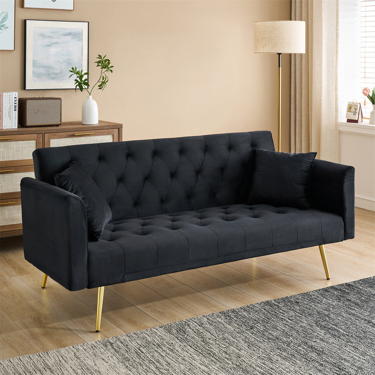71-inch foldable double sofa, with American retro style, made of black velvet material, suitable for small living rooms, bedrooms and offices