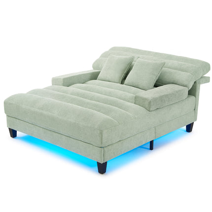Modern Chaise Lounge Sofa 57.1" Sofa Bed Chenille Upholstered Lounge Sofa Chair with Adjustable Backrest and LED Light Strip for Living Room, Green