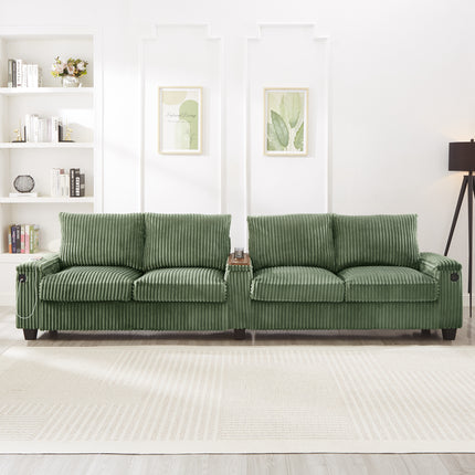 4-seater Corduroy Sofa Couch 133" Modern Sofa with USB Ports, Hidden Storage Arms, Flip-Top Cup Holders for Living Room, Green