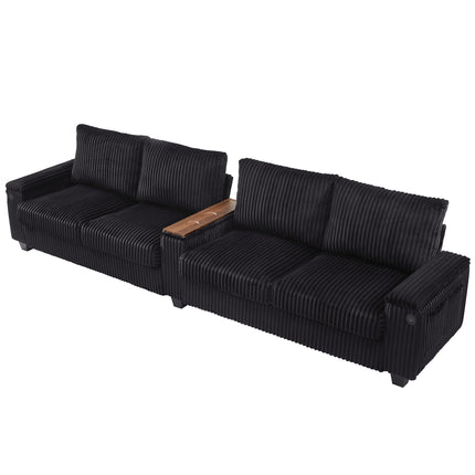 4-seater Corduroy Sofa Couch 133" Modern Sofa with USB Ports, Hidden Storage Arms, Flip-Top Cup Holders for Living Room, Black
