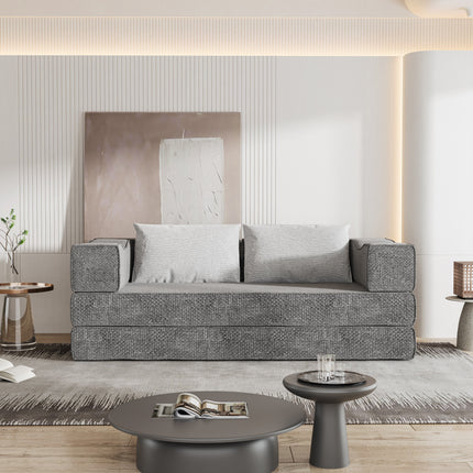 80" Convertible Couch Bed with 2 Pillows, 3-Seat Folding Floor Couch & King Size Bed Mattress, DIY Combination,Chenille,GREY