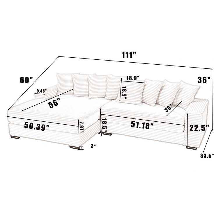 Oversized Two-Piece Couches, L Shaped Sofa, Corduroy, Left Chaise Daybed,with Armrests,Eight Throw Pillows,Corner Sofa,Easy To Assemble, Black