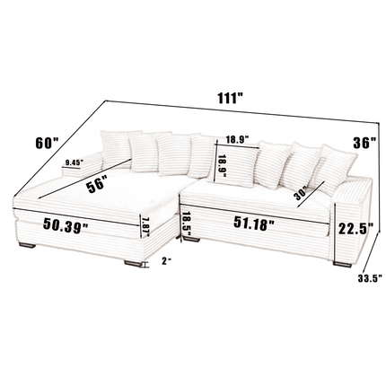 Oversized Two-Piece Couches, L Shaped Sofa, Corduroy, Left Chaise Daybed,with Armrests,Eight Throw Pillows,Corner Sofa,Easy To Assemble, Green