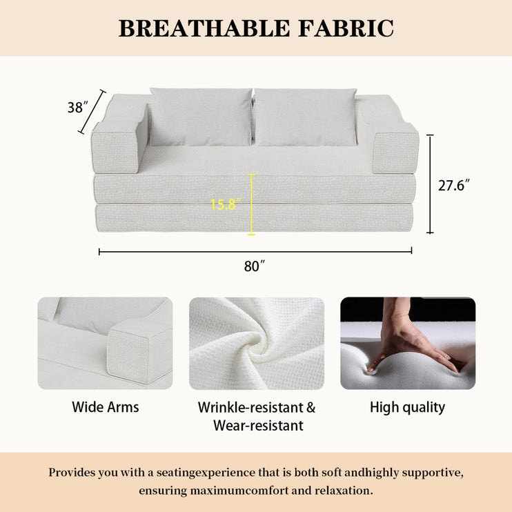 80" Convertible Couch Bed with 2 Pillows, 3-Seat Folding Floor Couch & King Size Bed Mattress, DIY Combination,Chenille,BEIGE/WHITE