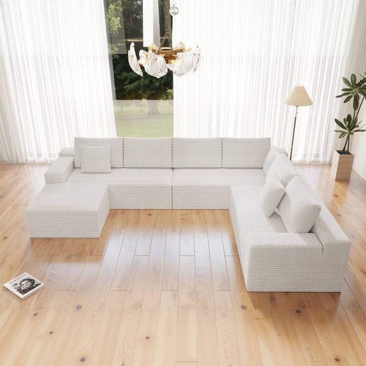 137.8*104.3"Modular sectional sofa seat,Upholstered compressed couch for living room,Bedroom,Apartment,No assembly required,4 PC free combination,Plush corduroy fabric,WHITE