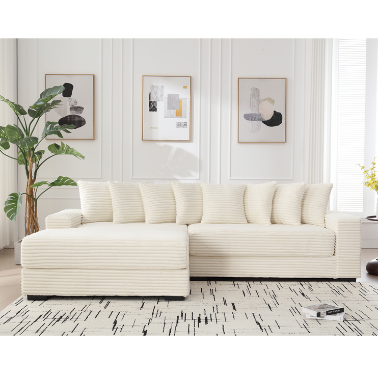 Oversized Two-Piece Couches, L Shaped Sofa, Corduroy, Left Chaise Daybed,with Armrests,Eight Throw Pillows,Corner Sofa,Easy To Assemble, Beige