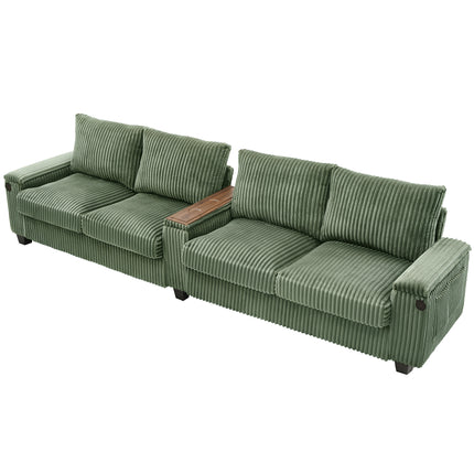 4-seater Corduroy Sofa Couch 133" Modern Sofa with USB Ports, Hidden Storage Arms, Flip-Top Cup Holders for Living Room, Green