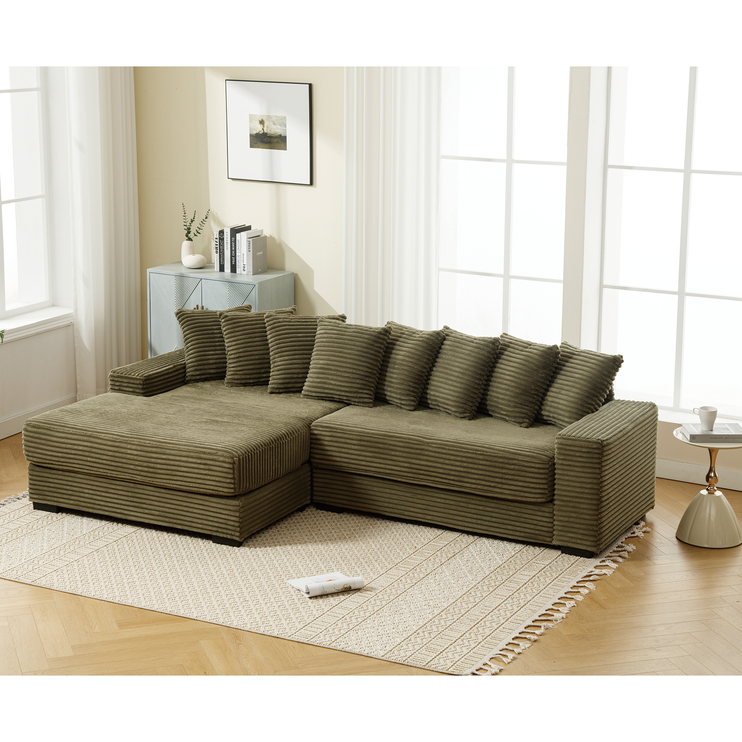 Oversized Two-Piece Couches, L Shaped Sofa, Corduroy, Left Chaise Daybed,with Armrests,Eight Throw Pillows,Corner Sofa,Easy To Assemble, Green