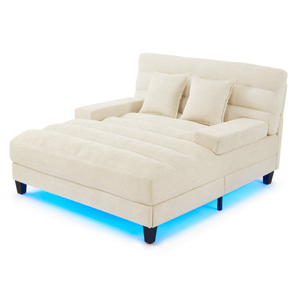 Modern Chaise Lounge Sofa 57.1" Sofa Bed Chenille Upholstered Lounge Sofa Chair with Adjustable Backrest and LED Light Strip for Living Room, Beige