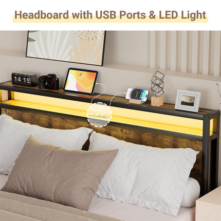 Full/ Queen Bed Frame with Charging Station & RGB LED Light,, Wooden & Metal Bed Frame