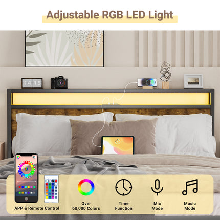 Full/ Queen Bed Frame with Charging Station & RGB LED Light,, Wooden & Metal Bed Frame