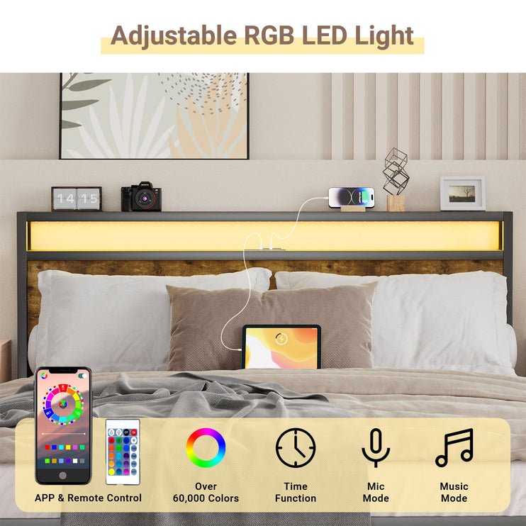 Full/ Queen Bed Frame with Charging Station & RGB LED Light,, Wooden & Metal Bed Frame