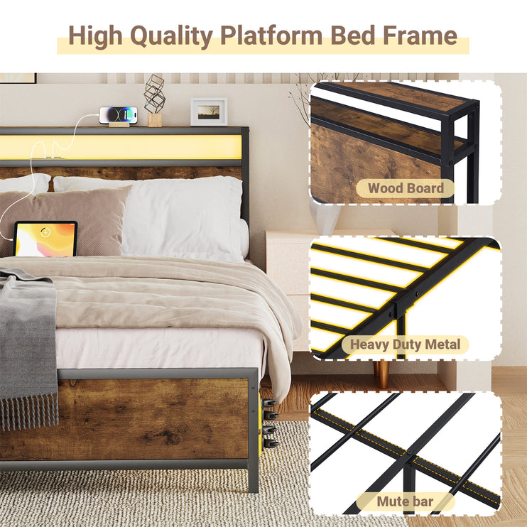 Full/ Queen Bed Frame with Charging Station & RGB LED Light,, Wooden & Metal Bed Frame