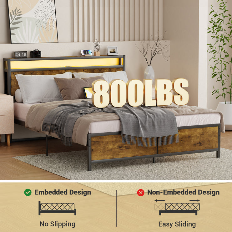 Full/ Queen Bed Frame with Charging Station & RGB LED Light,, Wooden & Metal Bed Frame