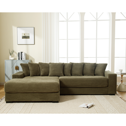 Oversized Two-Piece Couches, L Shaped Sofa, Corduroy, Left Chaise Daybed,with Armrests,Eight Throw Pillows,Corner Sofa,Easy To Assemble, Green