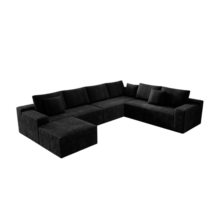 137.8*104.3"Modular sectional sofa seat,Upholstered compressed couch for living room,Bedroom,Apartment,No assembly required,4 PC free combination,Plush corduroy fabric,BLACK