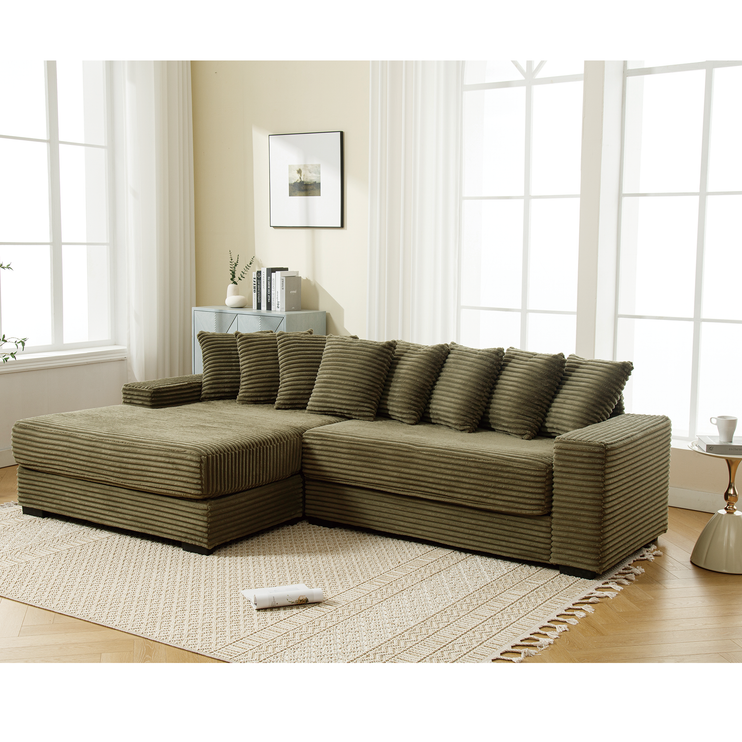 Oversized Two-Piece Couches, L Shaped Sofa, Corduroy, Left Chaise Daybed,with Armrests,Eight Throw Pillows,Corner Sofa,Easy To Assemble, Green