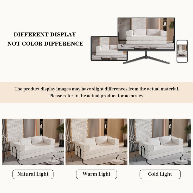 80" Convertible Couch Bed with 2 Pillows, 3-Seat Folding Floor Couch & King Size Bed Mattress, DIY Combination,Chenille,BEIGE/WHITE