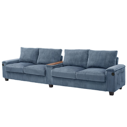 4-seater Corduroy Sofa Couch 133" Modern Sofa with USB Ports, Hidden Storage Arms, Flip-Top Cup Holders for Living Room, Blue