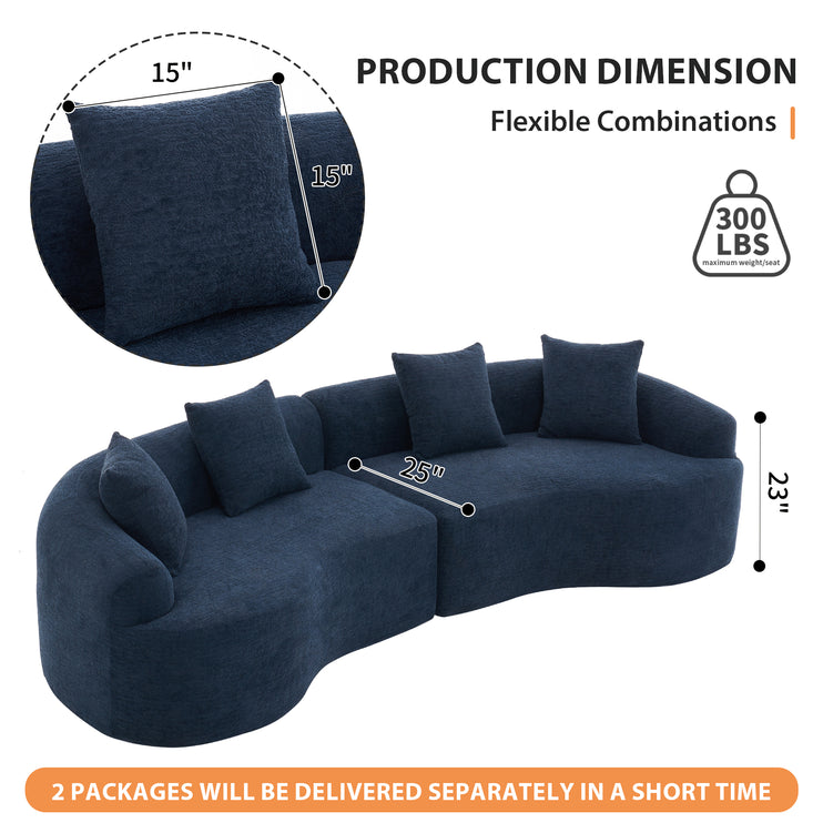 Compression Sponge Sofa Blue Curved Modular Sectional, 30D High-Density Chenille Sleeper Couch for Apartment, Living Room,110"L