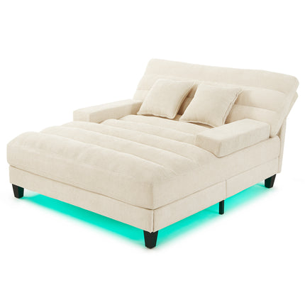 Modern Chaise Lounge Sofa 57.1" Sofa Bed Chenille Upholstered Lounge Sofa Chair with Adjustable Backrest and LED Light Strip for Living Room, Beige