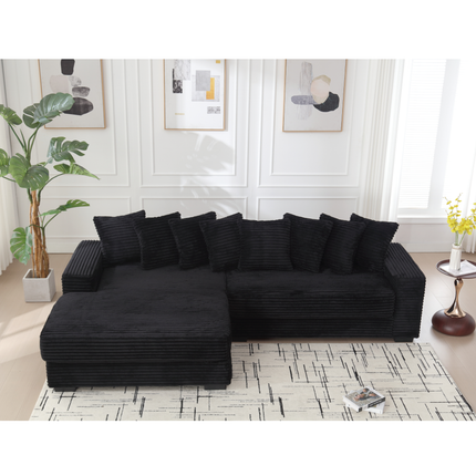 Oversized Two-Piece Couches, L Shaped Sofa, Corduroy, Left Chaise Daybed,with Armrests,Eight Throw Pillows,Corner Sofa,Easy To Assemble, Black