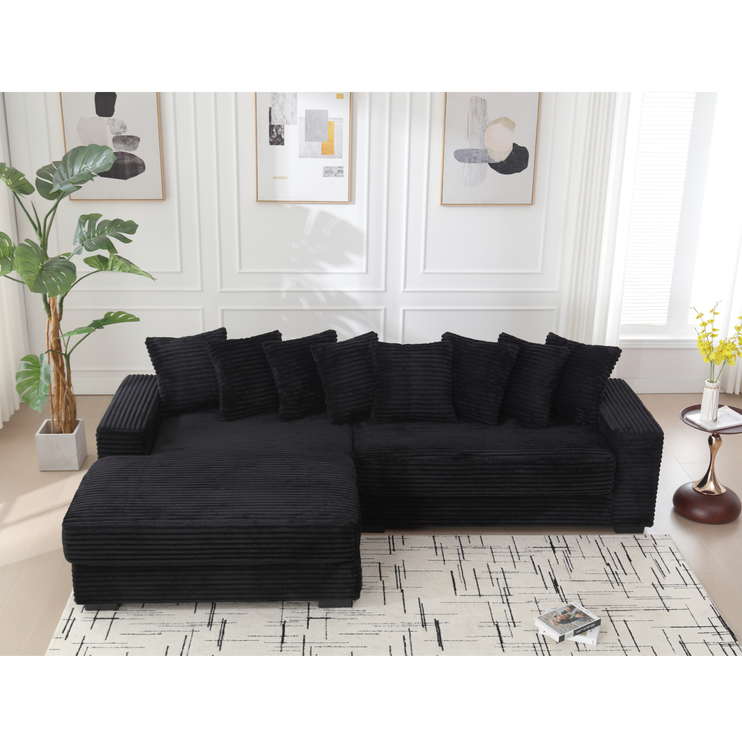 Oversized Two-Piece Couches, L Shaped Sofa, Corduroy, Left Chaise Daybed,with Armrests,Eight Throw Pillows,Corner Sofa,Easy To Assemble, Black